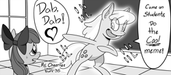 Size: 1810x800 | Tagged: safe, artist:easydays, derpibooru import, apple bloom, cheerilee, earth pony, pony, dab, dialogue, drawthread, duo, female, filly, grayscale, loss (meme), manga, mare, meme, monochrome, please don't bully me nagatoro, request, speech bubble