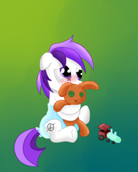 Size: 800x1000 | Tagged: safe, artist:datspaniard, artist:tempestdk, derpibooru import, oc, oc only, oc:puff smarts, earth pony, pony, blushing, colt, cute, diaper, foal, gradient background, hug, locomotive, male, shy, sitting, solo, teddy bear, toy