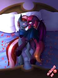 Size: 4134x5525 | Tagged: safe, artist:wolfmask, derpibooru import, oc, oc only, oc:shilo the bat, bat pony, absurd resolution, bat pony oc, bed, blushing, female, heart eyes, male, oc x oc, patreon, patreon logo, romantic, shipping, straight, trembling, wingding eyes