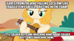 Size: 600x337 | Tagged: safe, derpibooru import, edit, edited screencap, screencap, pear butter, earth pony, pony, the perfect pear, avatar the last airbender, female, guitar, image macro, lidded eyes, mare, meme, solo