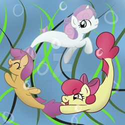 Size: 1024x1024 | Tagged: safe, artist:koharuveddette, derpibooru import, apple bloom, scootaloo, sweetie belle, seapony (g4), surf and/or turf, bubble, cutie mark crusaders, deviantart watermark, obtrusive watermark, open mouth, ribbon, sea-mcs, seaponified, seapony apple bloom, seapony scootaloo, seapony sweetie belle, smiling, species swap, swimming, underwater, water, watermark
