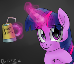 Size: 780x679 | Tagged: safe, artist:zeezou2, twilight sparkle, alicorn, pony, bust, cup, drinking straw, female, gray background, levitation, looking at you, magic, mare, portrait, signature, simple background, smiling, smirk, solo, telekinesis, your tears are delicious