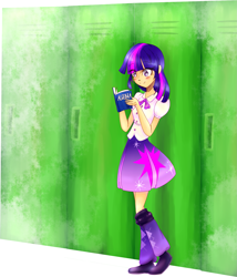 Size: 1561x1826 | Tagged: safe, artist:scaranpannoir, derpibooru import, twilight sparkle, human, book, female, humanized, lockers, solo