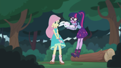 Size: 2208x1242 | Tagged: safe, derpibooru import, screencap, angel bunny, fluttershy, sci-twi, twilight sparkle, butterfly, better together, equestria girls, stressed in show, stressed in show: fluttershy, boots, clothes, cute, dress, eyes closed, geode of fauna, geode of telekinesis, glasses, jumping, log, magical geodes, mud, muddy, open mouth, ponytail, shoes, skirt, smiling, stressed, tree