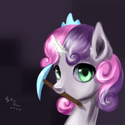 Size: 1863x1863 | Tagged: safe, artist:rikadiane, derpibooru import, sweetie belle, crown, female, filly, glowing horn, horn, jewelry, looking at you, magic, minecraft, pickaxe, regalia, solo, telekinesis
