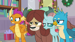 Size: 1280x720 | Tagged: safe, derpibooru import, screencap, gallus, ocellus, smolder, yona, the hearth's warming club, gallus is not amused, ocellus is not amused, smolder is not amused, unamused, yona is not amused