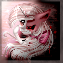 Size: 1861x1861 | Tagged: safe, artist:lixthefork, oc, oc only, pony, unicorn, black sclera, bow, red eyes, solo