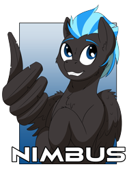 Size: 2007x2650 | Tagged: safe, artist:wcnimbus, derpibooru import, oc, oc only, oc:nimbus, pegasus, pony, badge, con badge, gradient background, male, simple background, solo, stallion, thumbs up, transparent background, wing hands