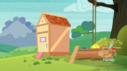 Size: 1920x1080 | Tagged: safe, derpibooru import, screencap, non-compete clause, apple shed, board, discovery family logo, hard hat, no pony, pulley, rope, saw, shed, sweet apple acres, tree, wood