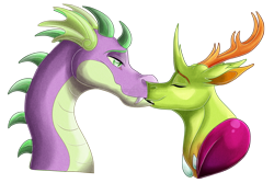 Size: 1350x900 | Tagged: safe, artist:bijutsuyoukai, derpibooru import, spike, thorax, changedling, changeling, dragon, gay, interspecies, king thorax, kissing, male, older, older spike, shipping, simple background, thoraxspike, transparent background