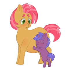 Size: 700x685 | Tagged: safe, artist:ukulelepineapplecat, derpibooru import, babs seed, oc, unicorn, adopted offspring, adult, blushing, colt, foal, male, multiple pregnancy, older, pregnant