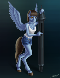 Size: 1600x2074 | Tagged: safe, artist:sa1ntmax, oc, oc only, oc:cypher, anthro, pegasus, unguligrade anthro, anthro oc, breasts, cleavage, clothes, daisy dukes, female, rule 63, shorts, solo, tanktop, unshorn fetlocks