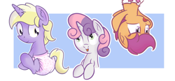 Size: 1280x594 | Tagged: safe, artist:zalakir, dinky hooves, scootaloo, sweetie belle, pegasus, pony, unicorn, cute, cutealoo, diaper, diasweetes, dinkabetes, ear fluff, female, filly, smiling, upside down