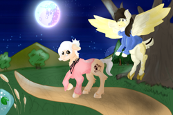 Size: 3000x2000 | Tagged: safe, artist:euspuche, derpibooru import, oc, oc:eustakia, oc:vanellope, earth pony, pegasus, pony, alternate timeline, forest, looking at each other, looking at you, moon, night, nightmare takeover timeline, older