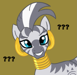 Size: 551x537 | Tagged: artist needed, safe, zecora, zebra, brown background, confused, confused nick young, drawthread, female, grin, looking at you, mare, meme, ponified, question mark, simple background, smiling, solo