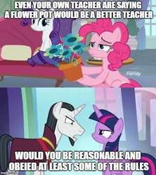 Size: 500x562 | Tagged: safe, derpibooru import, edit, edited screencap, screencap, chancellor neighsay, pinkie pie, twilight sparkle, twilight sparkle (alicorn), alicorn, earth pony, pony, non-compete clause, school daze, comic, engrish, flower pot, image macro, meme, misspelling, screencap comic