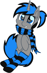 Size: 1539x2396 | Tagged: safe, artist:starstridepony, oc, oc only, oc:frost fang, pony, unicorn, clothes, cute, fangs, ponytail, scarf, simple background, smiling, socks, solo, striped socks, transparent background