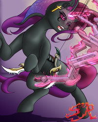 Size: 2400x3000 | Tagged: safe, artist:swiftriff, derpibooru import, oc, changeling, bow, dagger, glowing horn, magic, purple changeling, solo, telekinesis, weapon