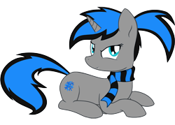Size: 692x496 | Tagged: safe, artist:starstridepony, oc, oc only, oc:frost fang, pony, unicorn, clothes, grin, ponytail, scarf, simple background, smiling, solo, transparent background