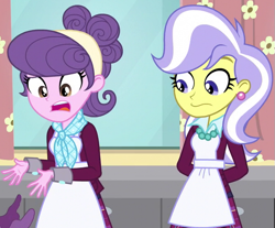 Size: 663x549 | Tagged: safe, derpibooru import, screencap, suri polomare, upper crust, equestria girls, friendship games, apron, clothes, cropped, crystal prep academy uniform, crystal prep shadowbolts, ear piercing, earring, female, jewelry, oops, piercing, school uniform, skunk stripe