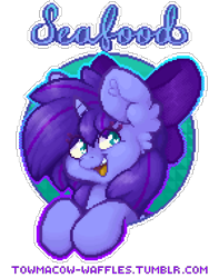 Size: 600x760 | Tagged: safe, artist:towmacow, artist:towmacow-waffles, artist:towmacowwaffles, derpibooru import, oc, oc only, oc:seafood dinner, unicorn, commission, pixel art, purple, simple background, solo, transparent background