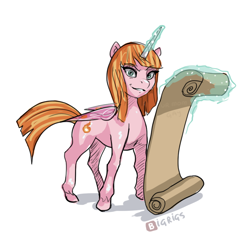 Size: 910x910 | Tagged: safe, artist:bigrigs, derpibooru exclusive, derpibooru import, oc, alicorn, pony, alicorn oc, fanart, folded wings, glowing horn, horn, looking at you, magic, maya (melowy), melowy, scroll, solo, telekinesis