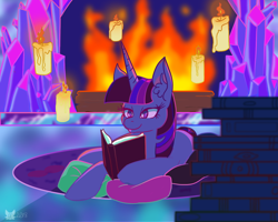 Size: 1024x819 | Tagged: safe, artist:cckittycreative, derpibooru import, twilight sparkle, pony, book, candle, ear fluff, female, fireplace, lidded eyes, mare, pillow, prone, reading, smiling, solo