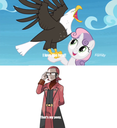 Size: 1280x1406 | Tagged: safe, derpibooru import, edit, edited screencap, screencap, sweetie belle, bald eagle, eagle, human, surf and/or turf, falconry, maxie (pokemon), meme, open beak, pokémon, spread wings, team magma, that's my pony, that's my x, wings