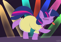 Size: 2869x1989 | Tagged: safe, artist:taurson, derpibooru import, twilight sparkle, pony, unicorn, sweet and elite, birthday dress, clothes, cute, dancing, do the sparkle, dress, eyes closed, female, mare, solo, tongue out, twiabetes