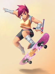 Size: 737x983 | Tagged: safe, artist:yatonokami, scootaloo, human, alternate cutie mark, alternative cutie mark placement, arm wraps, athletic tape, barefoot, belly button, commission, fantasy class, feet, foot wraps, hand wraps, humanized, leg wraps, midriff, shoulder cutie mark, skateboard, solo, toes, tonfa, weapon, wip