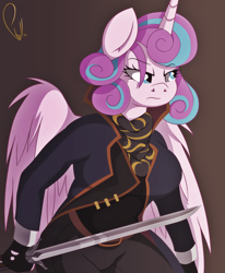 Size: 2474x3000 | Tagged: safe, artist:phyll, derpibooru import, princess flurry heart, alicorn, anthro, alternate hairstyle, breasts, busty flurry heart, dishonored, emily kaldwin, empress, female, horn, older, royalty, solo, sword, video game, weapon, wings