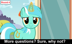 Size: 1600x973 | Tagged: safe, derpibooru import, lyra heartstrings, unicorn, comic:celestia's servant interview, caption, cs captions, female, interview, looking at you, magic, mare, ponyville, solo