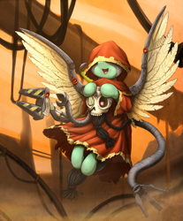 Size: 1633x1972 | Tagged: safe, artist:otakuap, derpibooru import, oc, oc only, cyborg, pegasus, pony, adeptus mechanicus, cloak, clothes, crossover, female, flying, mare, servo skull, skull, smiling, solo, spread wings, warhammer (game), warhammer 40k, wings