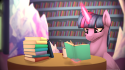 Size: 1920x1080 | Tagged: safe, artist:equestrian-downfall, derpibooru import, twilight sparkle, twilight sparkle (alicorn), alicorn, book, glowing horn, magic, reading, solo, telekinesis, twilight's castle