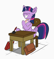 Size: 900x970 | Tagged: dead source, safe, artist:alloco, derpibooru import, twilight sparkle, unicorn twilight, pony, unicorn, a+, book, chair, desk, eyes closed, female, grades, happy, inkwell, mare, quill, school desk, solo