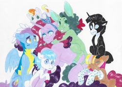 Size: 813x578 | Tagged: safe, artist:frozensoulpony, oc, oc only, oc:astral spark, oc:evening sprite, oc:kiwi, oc:mango blossom, oc:morning glory, oc:radiance, oc:strawberry essence, earth pony, mule, pegasus, pony, unicorn, clothes, colt, female, filly, male, mare, offspring, offspring's offspring, parent:party favor, parent:pinkie pie, parents:partypie, socks, traditional art