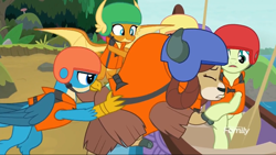 Size: 1366x768 | Tagged: safe, derpibooru import, screencap, gallus, sandbar, smolder, yona, pony, non-compete clause, boat, discovery family logo, eyes on the prize, helmet, lifejacket, motion blur, oar, out of context, pushing