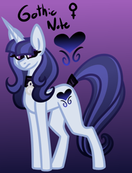 Size: 504x662 | Tagged: safe, artist:eppyminecart, derpibooru import, oc, oc only, oc:gothic note, pony, unicorn, choker, eyeshadow, female, gradient background, icey-verse, magical lesbian spawn, makeup, mare, next generation, offspring, parent:inky rose, parent:moonlight raven, parents:inkyraven, purple background, simple background, solo, tail wrap