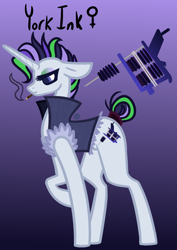 Size: 594x840 | Tagged: safe, artist:eppyminecart, derpibooru import, oc, oc only, oc:york ink, pony, unicorn, cigarette, clothes, eyeshadow, female, gradient background, icey-verse, jacket, magical lesbian spawn, makeup, mare, offspring, parent:inky rose, parent:moonlight raven, parents:inkyraven, punk, purple background, simple background, smoking, solo, tail wrap