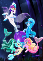 Size: 1600x2263 | Tagged: safe, artist:jucamovi1992, princess skystar, queen novo, oc, oc:aglaope, oc:piscis, oc:radne, mermaid, merpony, pony, seapony (g4), my little pony: the movie, artwork, movie, ocean, water