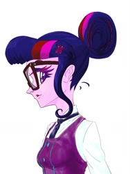 Size: 778x1033 | Tagged: safe, artist:xjleiu, derpibooru import, sci-twi, twilight sparkle, equestria girls, clothes, crystal prep academy uniform, cute, female, glasses, hair bun, looking back, school uniform, simple background, solo, twiabetes, vest