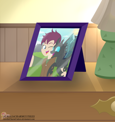 Size: 1476x1558 | Tagged: safe, artist:raspberrystudios, derpibooru import, oc, oc:beebee, oc:eventide oath, changeling, fanfic:the bug in the basement, equestria girls, fanfic, fanfic art, fanfic cover, lamp, photo, photo frame, picture frame, the bug in the basement