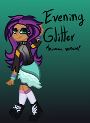 Size: 550x750 | Tagged: safe, artist:eppyminecart, derpibooru import, oc, oc only, oc:evening glitter, human, boots, choker, clothes, dress, female, gradient background, green background, humanized, humanized oc, icey-verse, jacket, leather jacket, magical lesbian spawn, next generation, offspring, parent:starlight glimmer, parent:sunset shimmer, parents:shimmerglimmer, shoes, shorts, simple background, socks, solo, spiked choker, spiked wristband, wristband