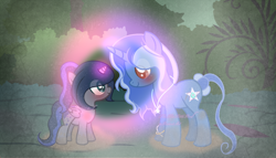 Size: 1566x894 | Tagged: safe, artist:themisslittledevil, derpibooru import, oc, oc only, oc:dawn night, oc:night light, alicorn, pony, unicorn, female, filly, magic, mare, offspring, parent:king sombra, parent:princess luna, parents:lumbra