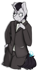 Size: 648x1233 | Tagged: safe, artist:ponydoodleday, oc, oc only, oc:art de triomphe, anthro, unicorn, anthro oc, bowtie, clothes, glasses, simple background, solo, transparent background, tuxedo