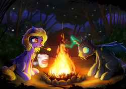 Size: 2400x1697 | Tagged: safe, artist:fidzfox, derpibooru import, oc, oc only, oc:butter cream, oc:gallant sentinel, bat pony, changeling, pony, bat pony oc, campfire, changeling oc, fangs, female, food, forest, glowing horn, magic, mare, marshmallow, mouth hold, night, smiling, tree