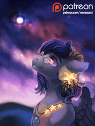 Size: 1000x1329 | Tagged: safe, artist:spirit-alu, derpibooru import, oc, oc:reefer, pegasus, pony, glasses, looking up, manequest, night, patreon, patreon logo, smiling, stars