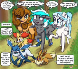 Size: 2250x2000 | Tagged: safe, artist:floofyfoxcomics, derpibooru import, oc, oc only, oc:autumn science, oc:kyu, oc:lesa castle, pegasus, pony, unicorn, eevee, female, fennekin, glaceon, high res, innuendo, mare, pokémon, pokémon diamond and pearl, pokémon red and blue, pokémon x and y