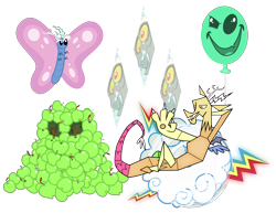 Size: 3300x2550 | Tagged: safe, artist:tourniquetmuffin, derpibooru import, discord, butterfly, draconequus, the return of harmony, apple, balloon, cloud, disguise, elements of disharmony, food, keepers of the grove of truth, lying on a cloud, on a cloud, simple background, stained glass, transparent background, vector