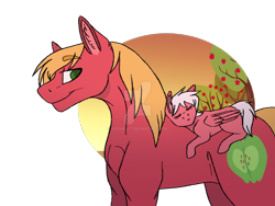 Size: 1600x1200 | Tagged: safe, artist:detoxx-retoxx, derpibooru import, big macintosh, oc, oc:flitterbug, earth pony, pegasus, pony, apple tree, blank flank, father and child, father and daughter, father's day, female, filly, male, missing accessory, offspring, parent and child, parent:big macintosh, parent:fluttershy, parents:fluttermac, ponies riding ponies, simple background, sleeping, stallion, transparent background, tree, watermark